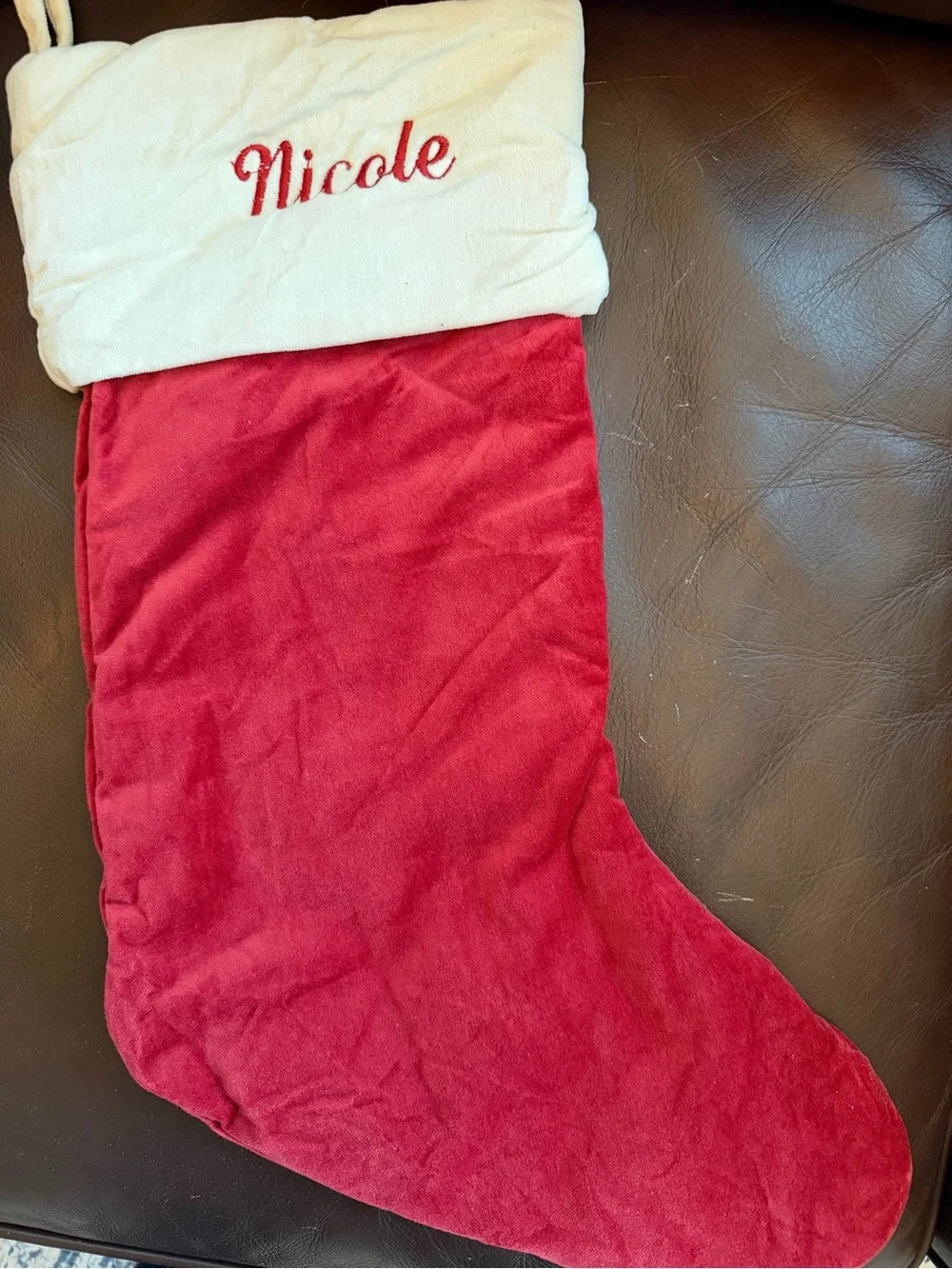 Pottery Barn Classic Red and White Holiday Stocking “Nicole” - Medium